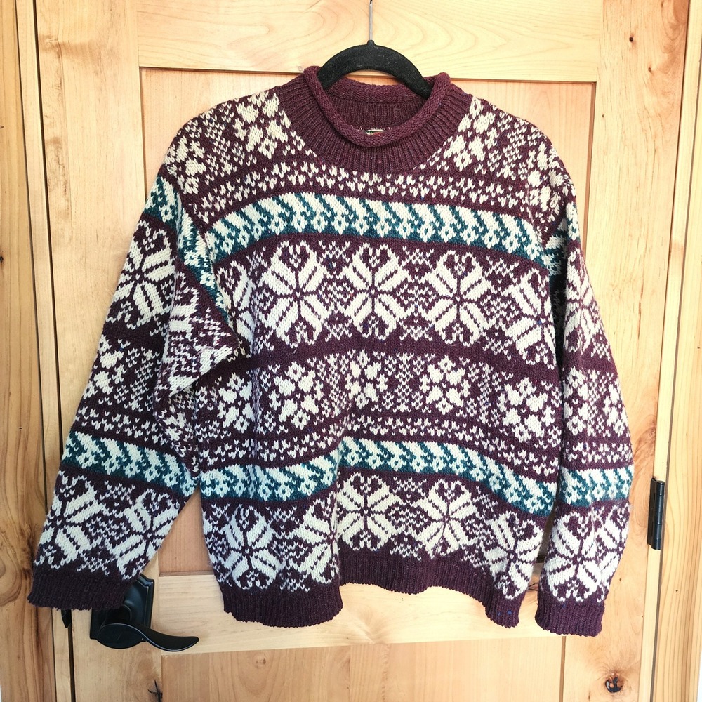 Alps 100% Wool LARGE Burgundy Knit Nordic Fair Isle Snowflake Sweater Winter